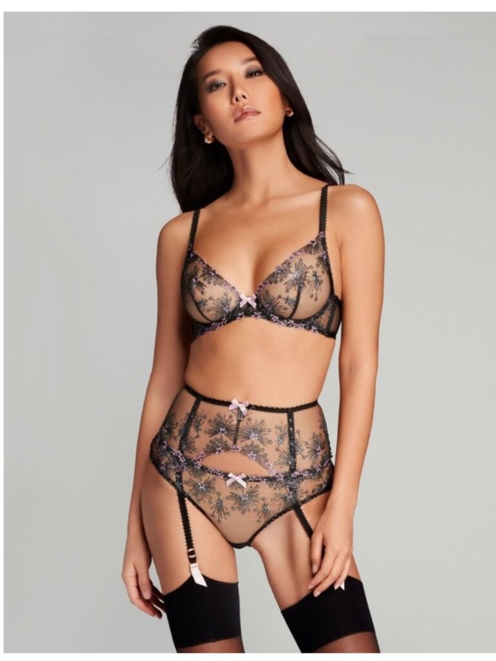 Agent Provocateur Black Sheer Embroidered Bra, Garter & Thong Set with Pink Bows